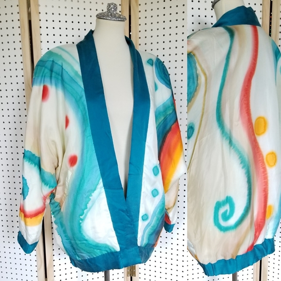 -Vintage 80s Hand Painted Silk Jacket Abstract - Picture 2 of 10